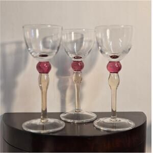 Vintage Cordial Glasses Pink Bubble Stem; 3 Mid Century Aperitif Liqueur 6.5”